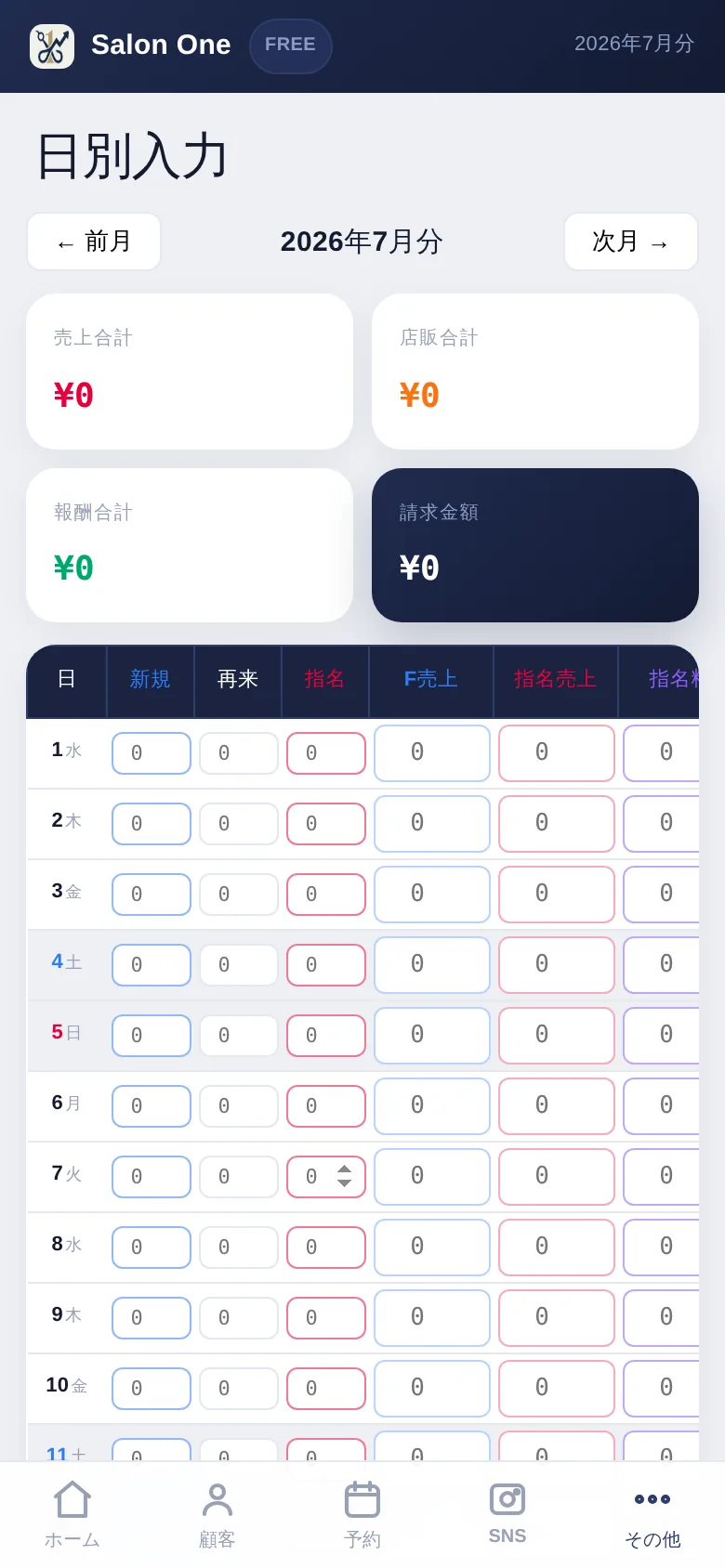 Salon One 日別売上入力画面